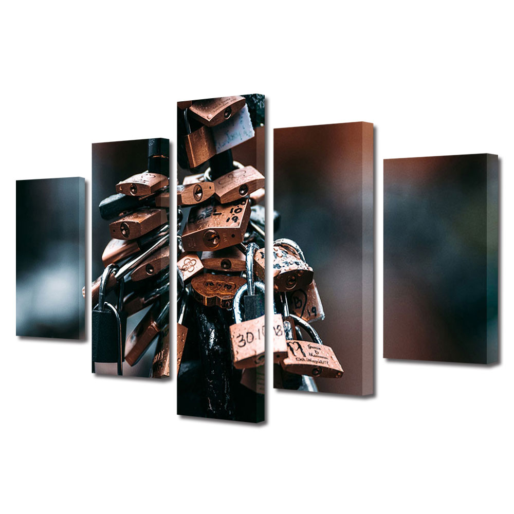 Set Tablouri Multicanvas 5 piese Colectia Ziua Indragostitilor, Dragobete, Valentine's Day, Lacate si promisiuni, Decoratiuni Moderne pentru Casa, 120 x 225 cm
