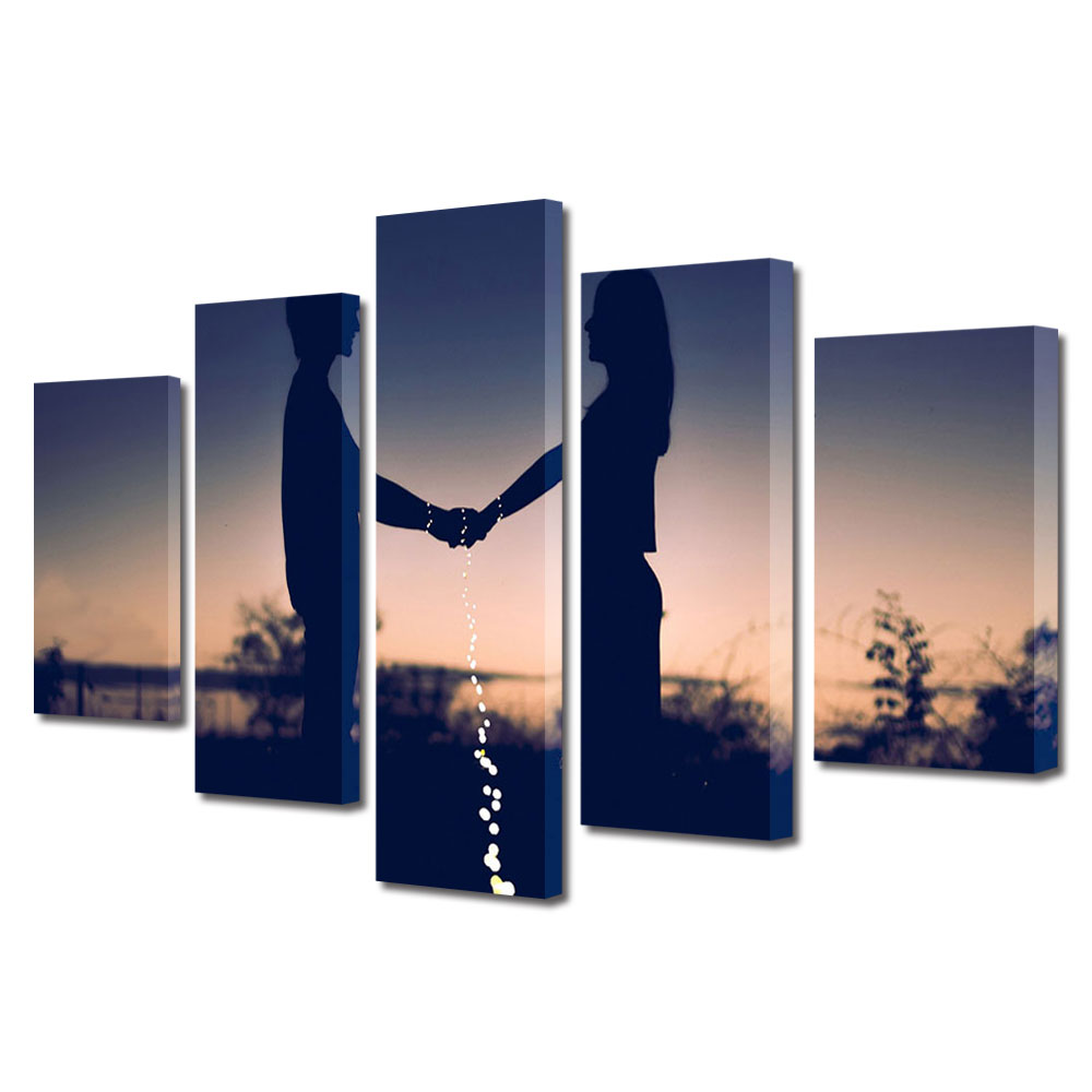 Set Tablouri Multicanvas 5 piese Colectia Ziua Indragostitilor, Dragobete, Valentine's Day, Legati cu lumina, Decoratiuni Moderne pentru Casa, 120 x 225 cm