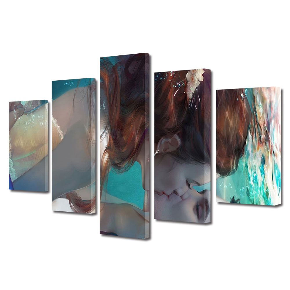 Set Tablouri Multicanvas 5 piese Colectia Ziua Indragostitilor, Dragobete, Valentine's Day, Sarut in apa, Decoratiuni Moderne pentru Casa, 120 x 225 cm