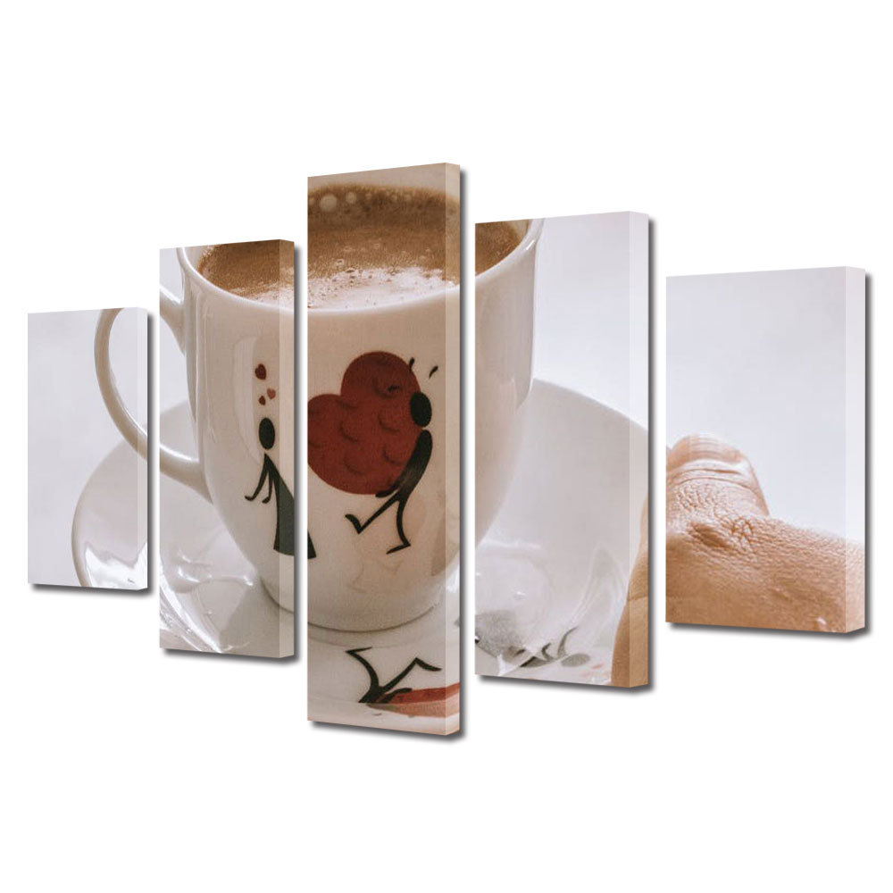 Set Tablouri Multicanvas 5 piese Colectia Ziua Indragostitilor, Dragobete, Valentine's Day, Cafeaua iubitilor, Decoratiuni Moderne pentru Casa, 120 x 225 cm