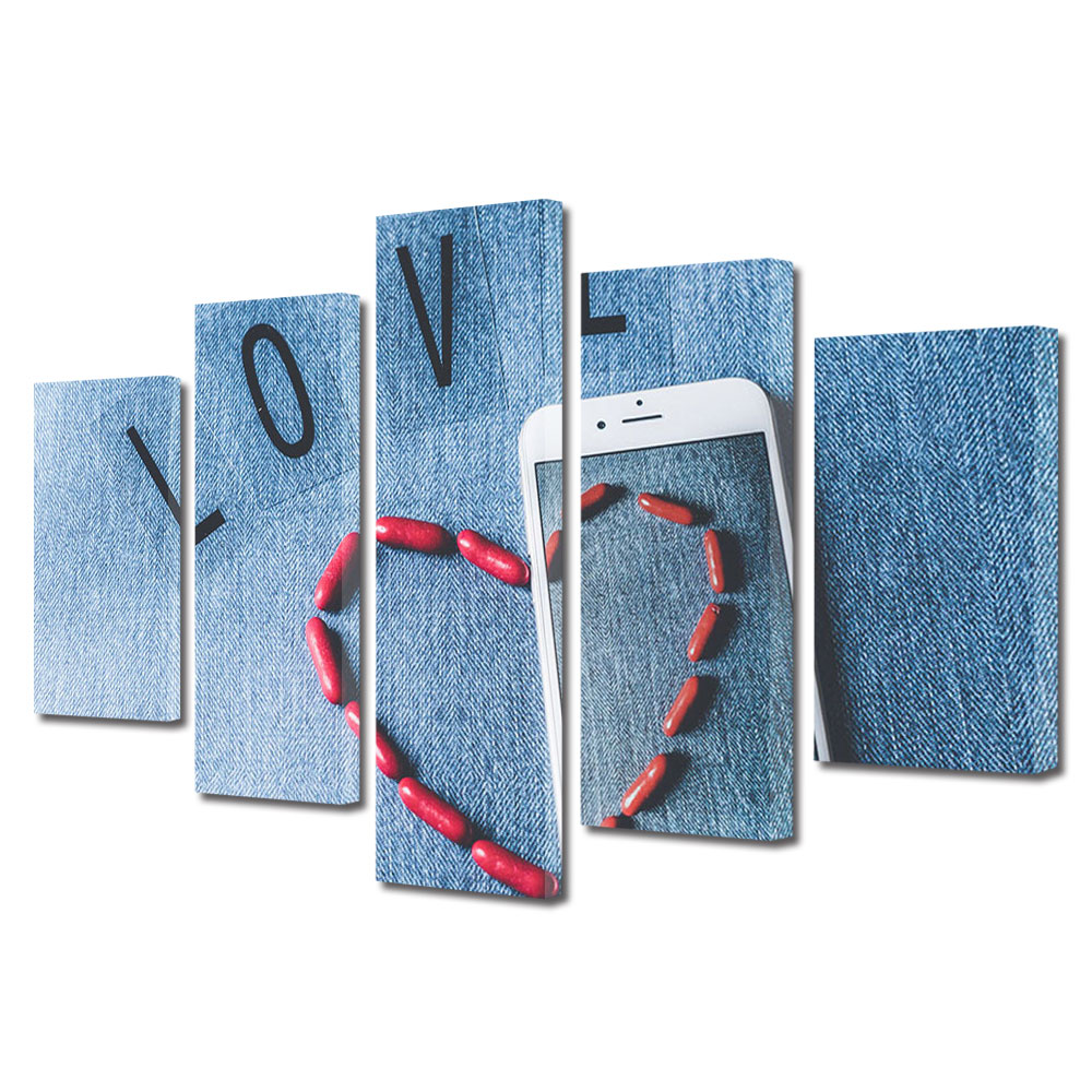 Set Tablouri Multicanvas 5 piese Colectia Ziua Indragostitilor, Dragobete, Valentine's Day, Dragoste pe telefon, Decoratiuni Moderne pentru Casa, 120 x 225 cm