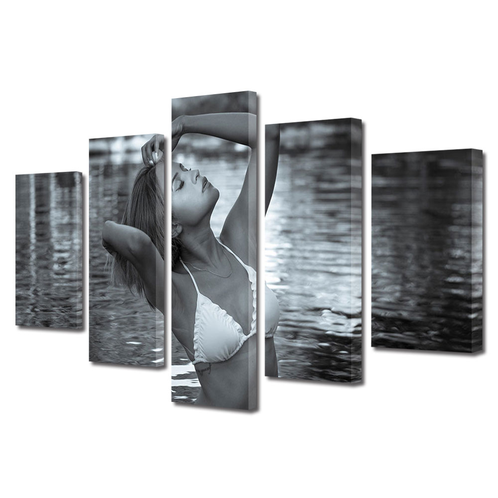 Set Tablouri Multicanvas 5 piese Colectia Ziua Indragostitilor, Dragobete, Valentine's Day, Portret fata pe malul apei, Decoratiuni Moderne pentru Casa, 120 x 225 cm