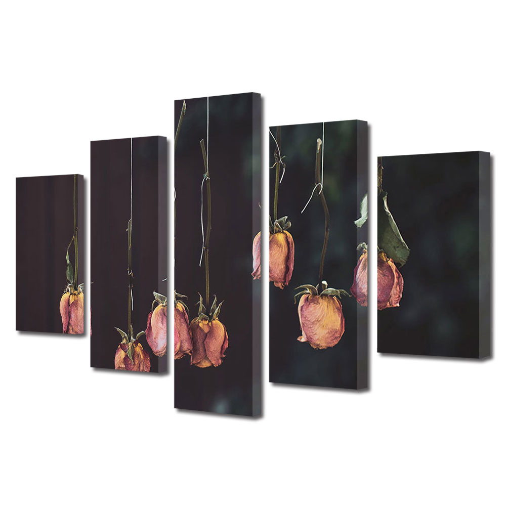 Set Tablouri Multicanvas 5 piese Colectia Ziua Indragostitilor, Dragobete, Valentine's Day, Trandafiri aplecati, Decoratiuni Moderne pentru Casa, 120 x 225 cm