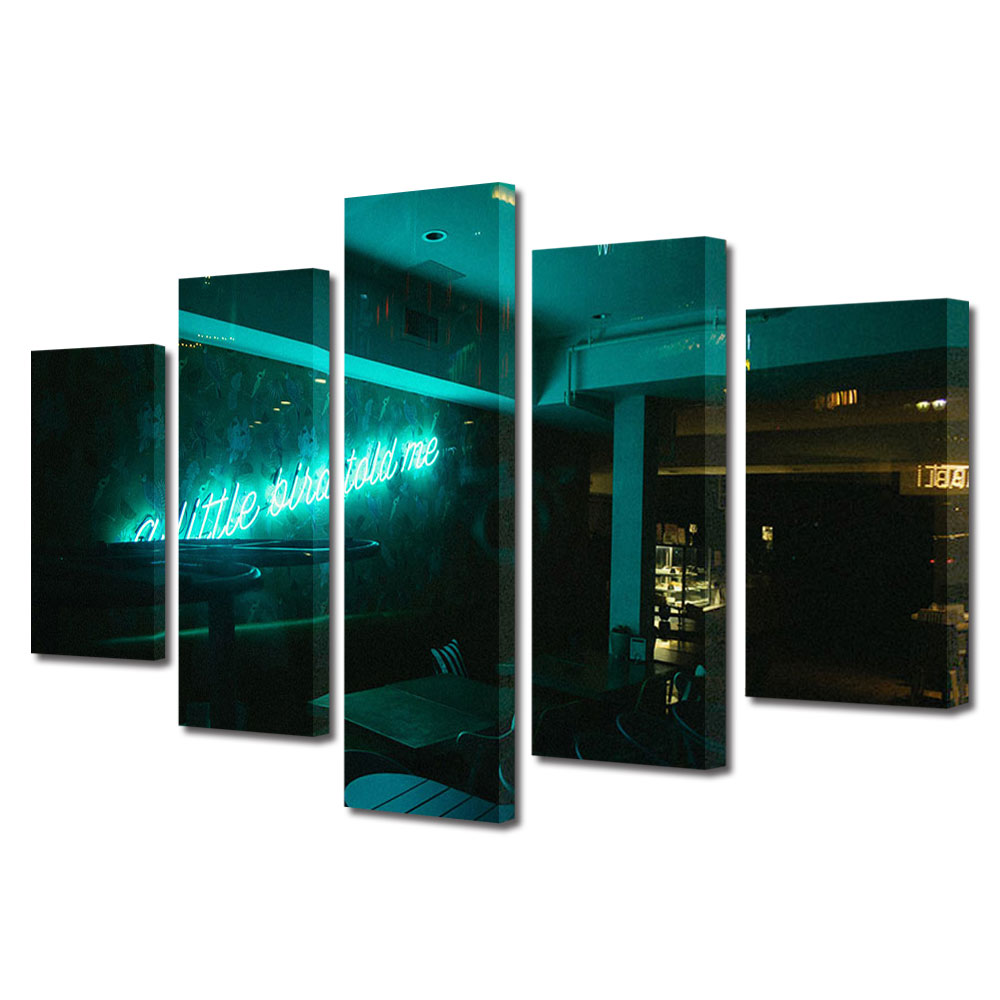 Set Tablouri Multicanvas 5 piese Colectia Ziua Indragostitilor, Dragobete, Valentine's Day, Lumini albastre, Decoratiuni Moderne pentru Casa, 120 x 225 cm