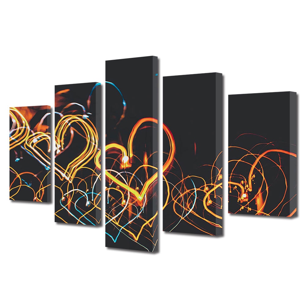 Set Tablouri Multicanvas 5 piese Colectia Ziua Indragostitilor, Dragobete, Valentine's Day, Inimi in lumini neon, Decoratiuni Moderne pentru Casa, 120 x 225 cm