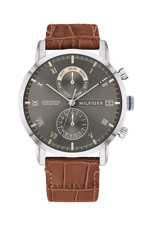 Tommy Hilfiger, Ceas cu o curea de piele Kane, Maro/Argintiu/Gri antracit