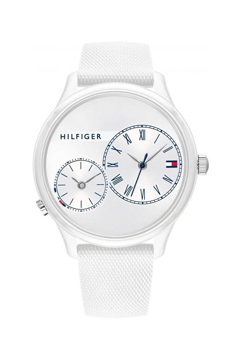 Tommy Hilfiger, Ceas rotund cu o curea de silicon Meg, Alb optic/Argintiu