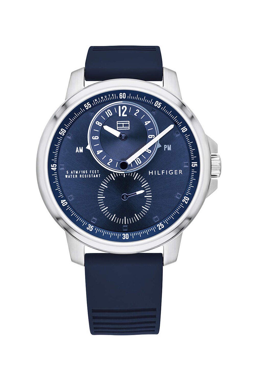 Tommy Hilfiger, Ceas analog cu o curea de cauciuc Logan, Bleumarin/Argintiu