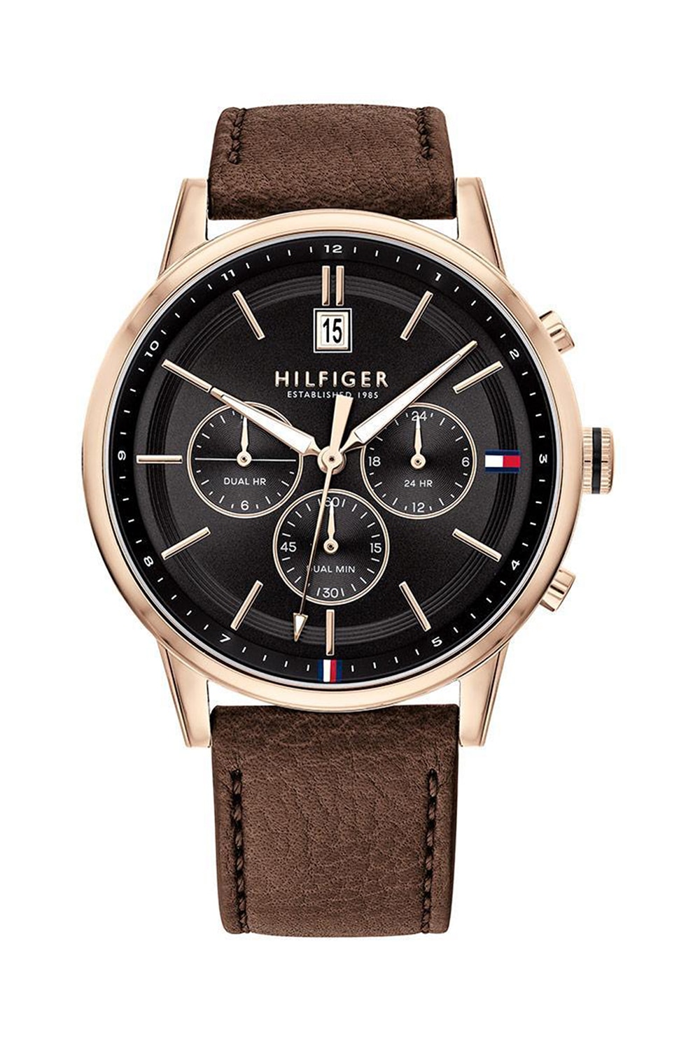 Tommy Hilfiger, Ceas cu o curea de piele Kyle, Maro inchis/auriu rose/negru