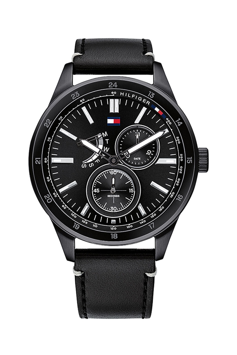 Tommy Hilfiger, Ceas cu functii multiple si curea de piele Austin, Negru