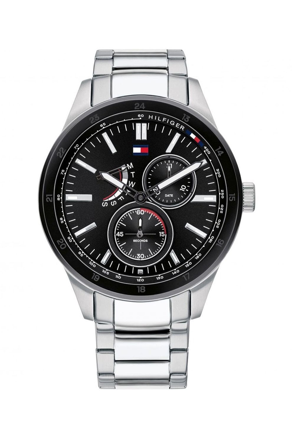 Tommy Hilfiger, Ceas cu functii multiple si bratara din otel inoxidabil Austin, Argintiu/Negru/Rosu
