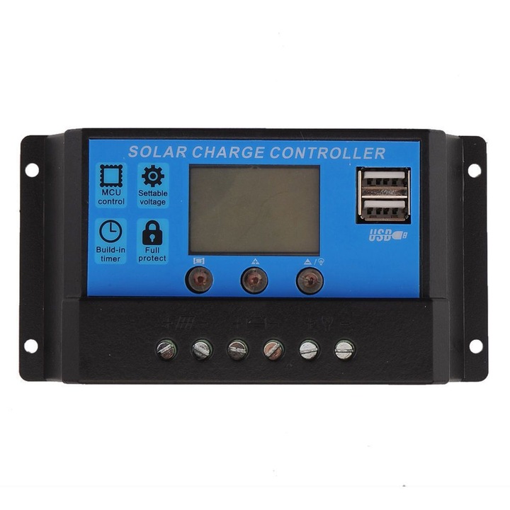 Соларен контролер за зареждане 12/24V 30A, 2 X USB и LCD