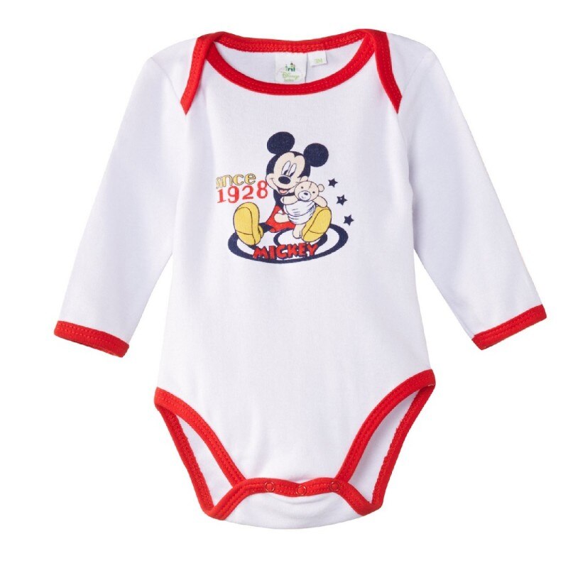 Body bebelus cu maneca lunga, Disney, Mickey Mouse, alb - rosu