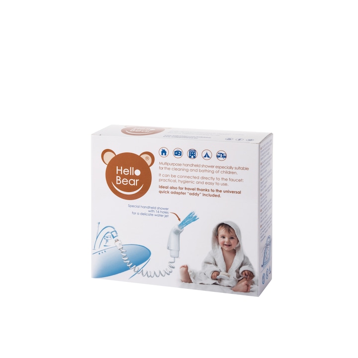 Специална хигиена Hello Bear за душ за бебета 0+ години и малки деца, практична и ефективна, директно свързана с всеки кран, EcoFriendly, Италия