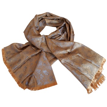 Esarfa Matase Naturala Orientala de lux Lakshmi shop, aurie cu model argintiu, 160 x 60 cm Esarfa Matase Naturala Orientala de lux Lakshmi shop, aurie cu model argintiu, 160 x 60 cm