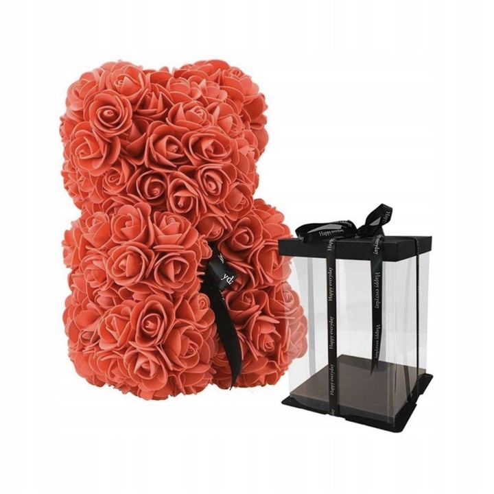 Ursulet Floral DeLuxe Rosu cu fundita, 25 cm + cutie de cadou