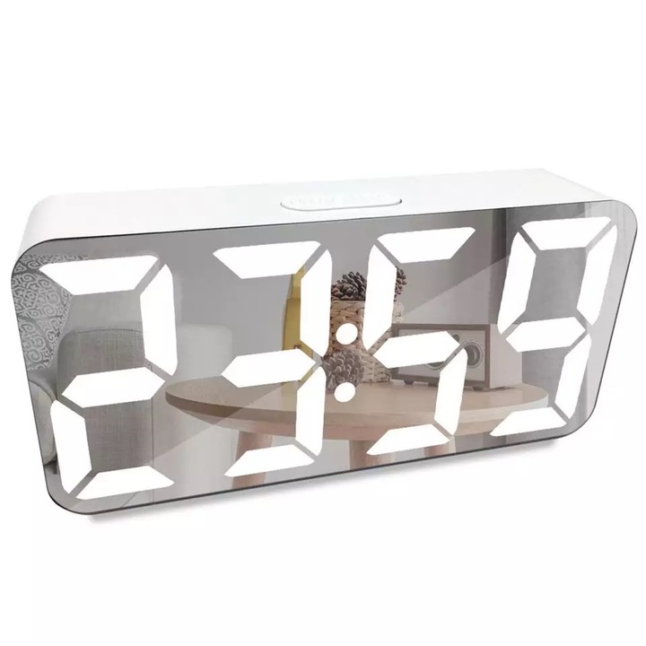 Ceas Digital Cu Afisaj LED alb, Display Oglinda, Alarma, carcasa alba