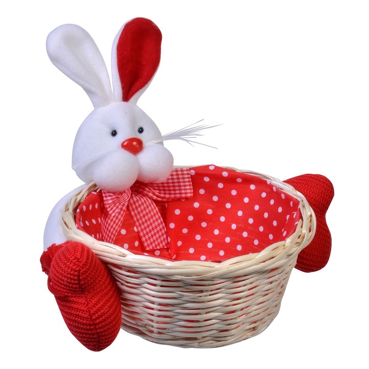 Декоративна великденска кошница със заек, 19x9 см, червено/бяло