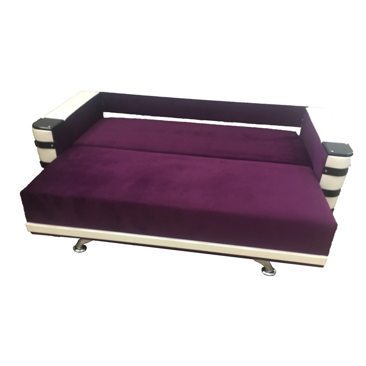 Canapea extensibila Lara, MobAmbient, Mov cu Alb, material textil si imitatie de piele, extensie 140 cm din plasa de arcuri tip relaxa, cu lada de depozitare, 3 perne mari incluse, 230 x 140 cm