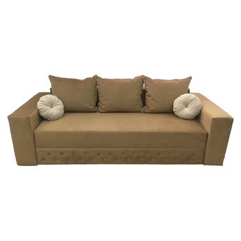 Canapea extensibila Kansas, MobAmbient, Maro, laterale brate tip Chesterfield, material textil catifea, extensie din plasa de arcuri tip relaxa, cu lada de depozitare, 3 perne mari incluse, 240 x 140 cm Canapea extensibila Kansas, MobAmbient, Maro, laterale brate tip Chesterfield, material textil catifea, extensie din plasa de arcuri tip relaxa, cu lada de depozitare, 3 perne mari incluse, 240 x 140 cm
