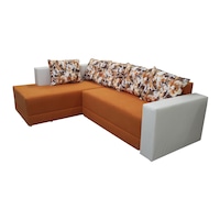 Coltar extensibil Aida, MobAmbient, Portocaliu, material textil si piele ecologica, extensie 140 cm din plasa de arcuri tip relaxa, 1 lada de depozitare, 4 perne mari incluse, 260 x 180 cm
