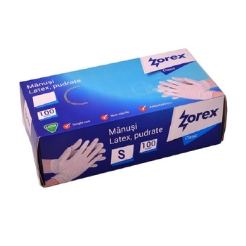 Set 100 Manusi de Unica Folosinta din Latex Pudrate Zorex Clasic, Marime S, Culoare Alba, Manusi Chirurgicale Sterile Set 100 Manusi de Unica Folosinta din Latex Pudrate Zorex Clasic, Marime S, Culoare Alba, Manusi Chirurgicale Sterile