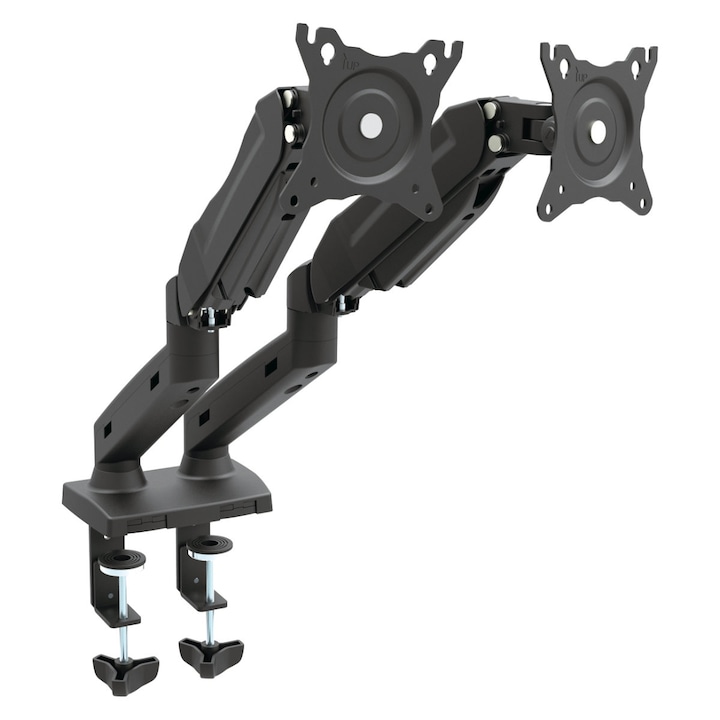 Suport birou 2 monitoare, Omega 45067, 13"-27", inaltime maxima 420mm, rotatie 180° si inclinatie 70°, VESA 75x75 si 100x100, max.8 kg, negru