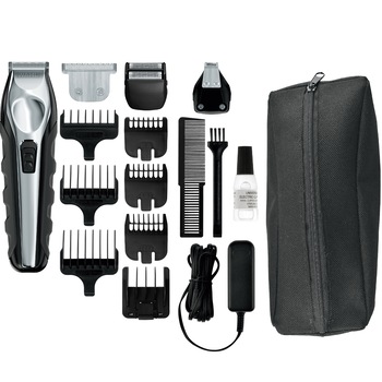 Aparat de tuns parul si barba Wahl 09888-1216, Grooming Kit, alimentare acumulator, 180 minute autonomie, lame din otel, 12 trepte de taiere, 7 capete de ghidare, negru Aparat de tuns parul si barba Wahl 09888-1216, Grooming Kit, alimentare acumulator, 180 minute autonomie, lame din otel, 12 trepte de taiere, 7 capete de ghidare, negru