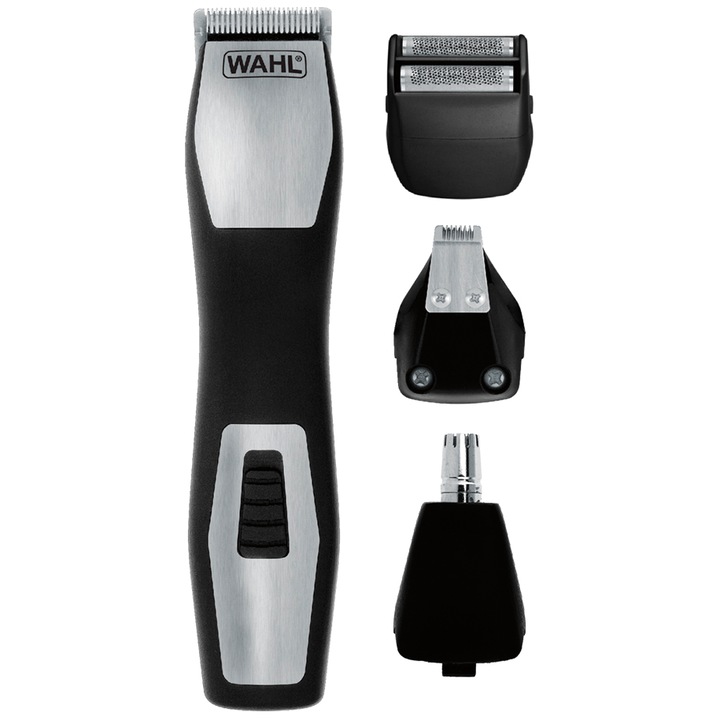 Тример за брада Wahl 09855-1216, GroomSman Pro, 6 позиции, 3 индивидуални нива на подстригване, Захранване на батерията, 4 направляващи гребена, Прецизен тример, Автономия 60 минути, Черен/Сив