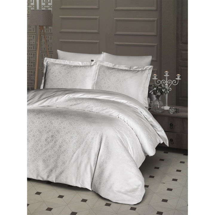 Lenjerie de pat Jacquard Satin -Lamone Krem, 2 persoane, 6 piese, Bumbac Satinat 100% (tesatura Jacquard), 240 x 260 cm