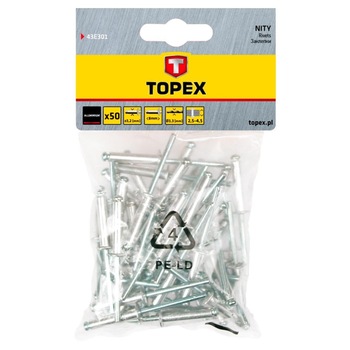 Set de nituri din aluminiu, 3.2 x 8 mm, 50 de bucati, Topex 43E301 Set de nituri din aluminiu, 3.2 x 8 mm, 50 de bucati, Topex 43E301