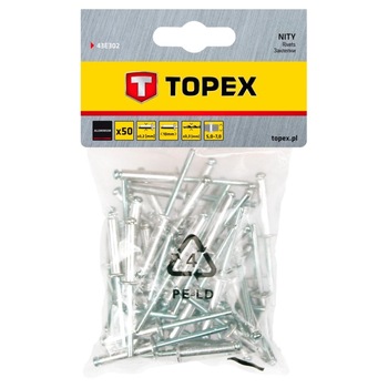 Set de nituri din aluminiu, 3.2 x 10 mm, 50 de bucati, Topex 43E302 Set de nituri din aluminiu, 3.2 x 10 mm, 50 de bucati, Topex 43E302