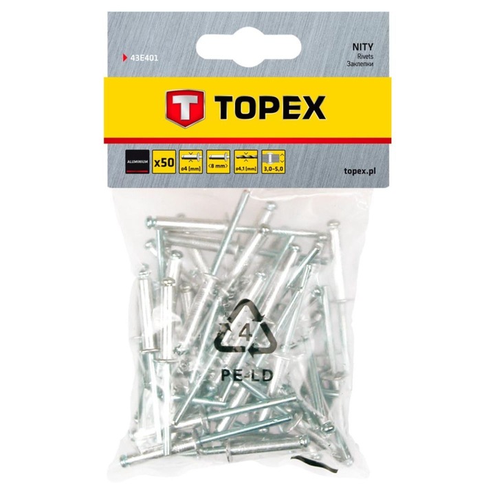 Set de nituri din aluminiu, 4 x 8 mm, 50 de bucati, Topex 43E401