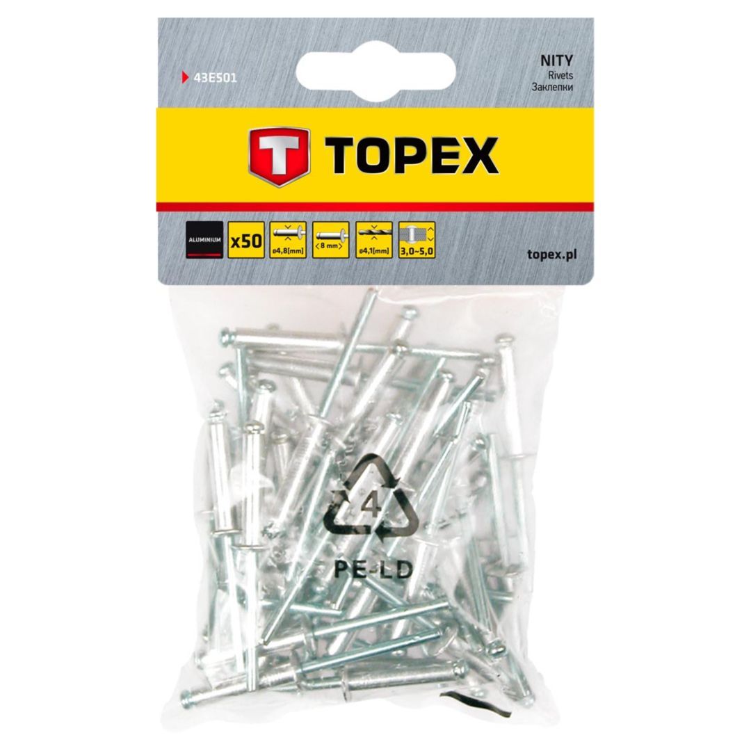 Set de nituri din aluminiu, 4.8 x 8 mm, 50 de bucati, Topex 43E501