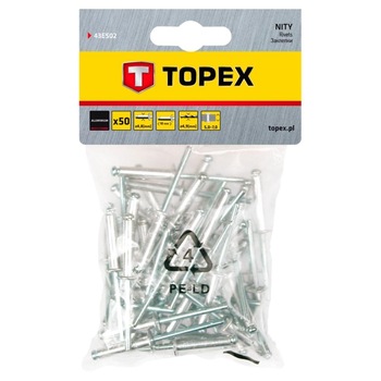 Set de nituri din aluminiu, 4.8 x 10 mm, 50 de bucati, Topex 43E502 Set de nituri din aluminiu, 4.8 x 10 mm, 50 de bucati, Topex 43E502