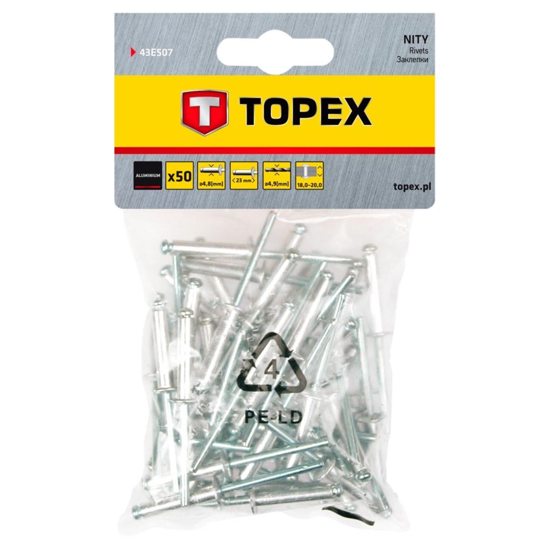 Set de nituri din aluminiu, 4.8 x 23 mm, 50 de bucati, Topex 43E507