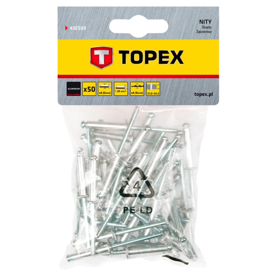 Set de nituri din aluminiu, 4.8 x 28 mm, 50 de bucati, Topex 43E509