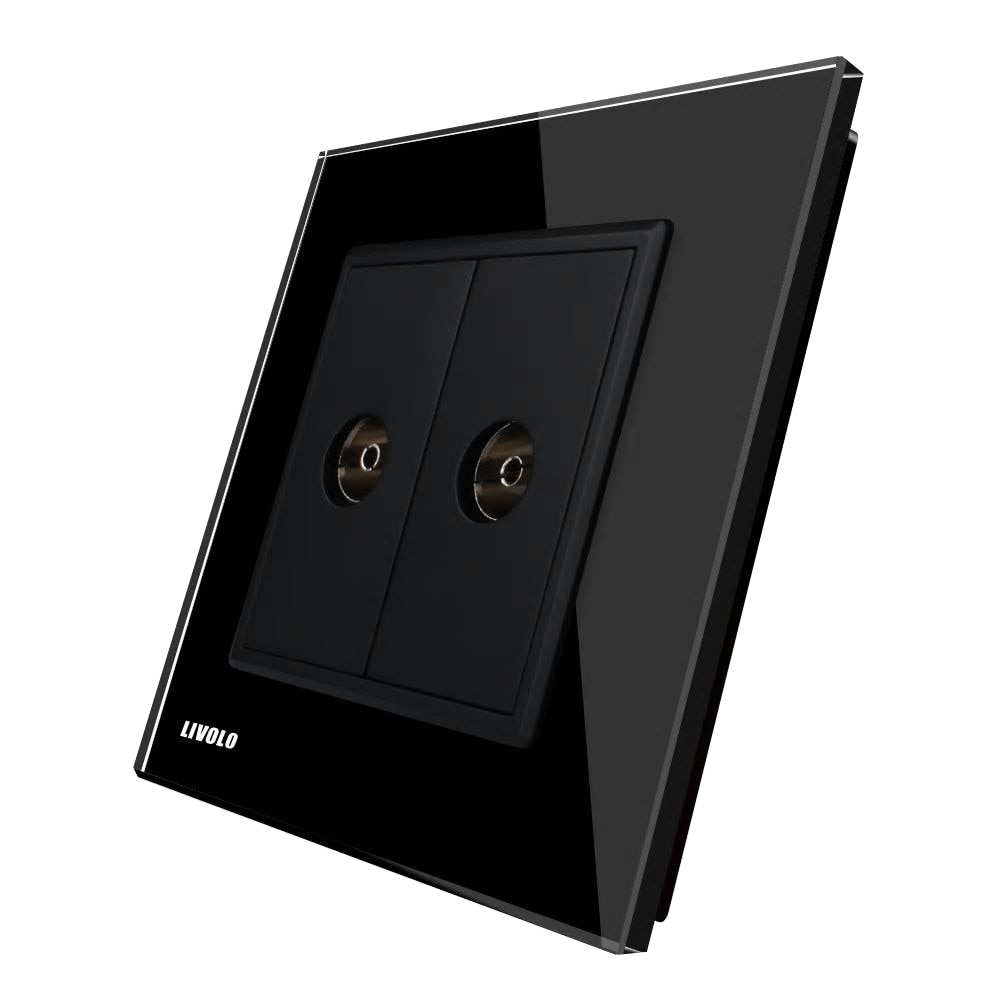 Priza dubla TV Livolo cu rama din sticla, Negru