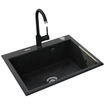 Pachet chiuveta granit cu baterie Kring, compozit granit, 600x520mm, adancime 197mm, montare pe blat, negru Pachet chiuveta granit cu baterie Kring, compozit granit, 600x520mm, adancime 197mm, montare pe blat, negru