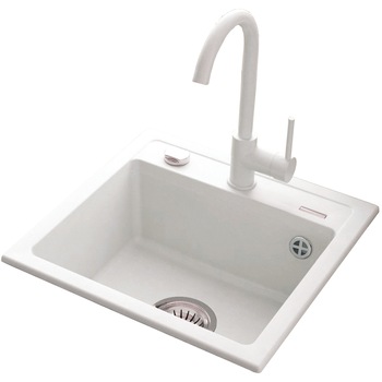 Pachet chiuveta granit cu baterie Kring, compozit granit, 440x440mm, adancime 170mm, montare pe blat, alb Pachet chiuveta granit cu baterie Kring, compozit granit, 440x440mm, adancime 170mm, montare pe blat, alb