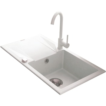 Pachet chiuveta granit cu scurgator si baterie Kring, compozit granit, 780x440mm, adancime 170mm, reversibila, montare pe blat, alb Pachet chiuveta granit cu scurgator si baterie Kring, compozit granit, 780x440mm, adancime 170mm, reversibila, montare pe blat, alb