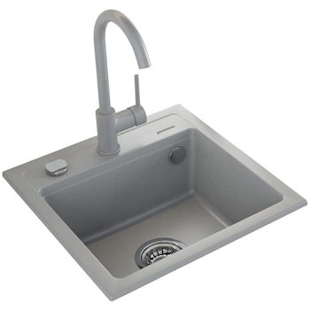 Pachet chiuveta granit cu baterie Kring, compozit granit, 440x440mm, adancime 170mm, montare pe blat, gri Pachet chiuveta granit cu baterie Kring, compozit granit, 440x440mm, adancime 170mm, montare pe blat, gri