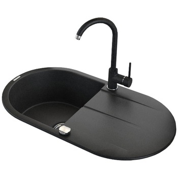 Pachet chiuveta granit cu scurgator si baterie Kring, compozit granit, 780x440mm, adancime 180mm, reversibila, montare pe blat, negru Pachet chiuveta granit cu scurgator si baterie Kring, compozit granit, 780x440mm, adancime 180mm, reversibila, montare pe blat, negru