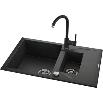 Pachet chiuveta granit cu semiscurgator si baterie Kring, compozit granit, 780x490mm, adancime 180mm, reversibila, montare pe blat, negru Pachet chiuveta granit cu semiscurgator si baterie Kring, compozit granit, 780x490mm, adancime 180mm, reversibila, montare pe blat, negru