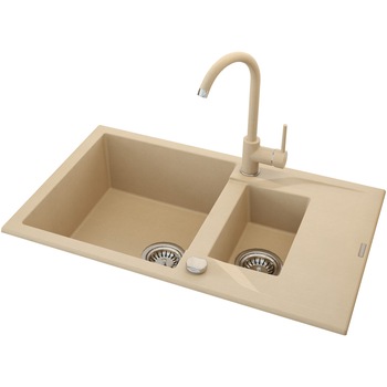 Pachet chiuveta bucatarie granit cu semiscurgator si baterie Kring, compozit granit, 780x490mm, adancime 180mm, reversibila, montare pe blat, bej