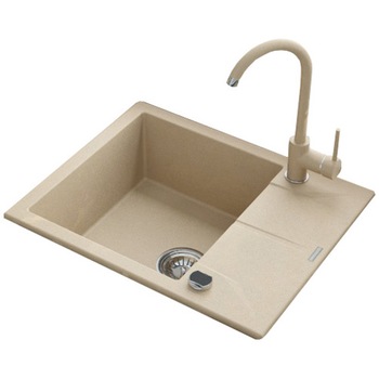 Pachet chiuveta granit cu semiscurgator si baterie Kring, compozit granit, 590x490mm, adancime 180mm, reversibila, montare pe blat, bej Pachet chiuveta granit cu semiscurgator si baterie Kring, compozit granit, 590x490mm, adancime 180mm, reversibila, montare pe blat, bej