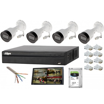 Sistem supraveghere profesional tehnologie IP, Dahua 4 camere 2MP, POE, NVR 4 canale, accesorii incluse cu monitor si HDD, IR 30m Sistem supraveghere profesional tehnologie IP, Dahua 4 camere 2MP, POE, NVR 4 canale, accesorii incluse cu monitor si HDD, IR 30m