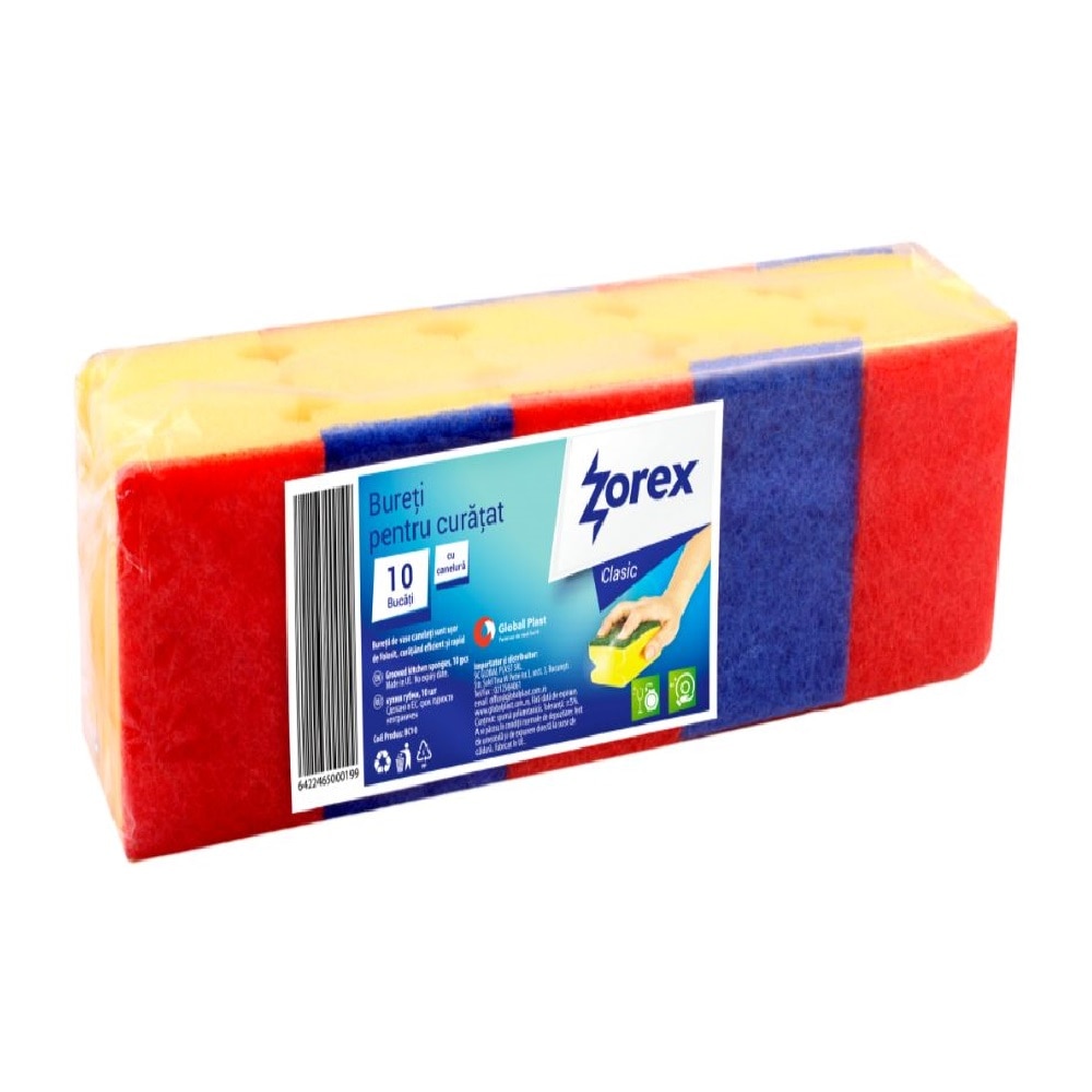 Set 10 Bureti cu Canelura Zorex Clasic, 90x65x45 mm, Spuma Poliuretanica si Fibra Abraziva, Culoare Galbena