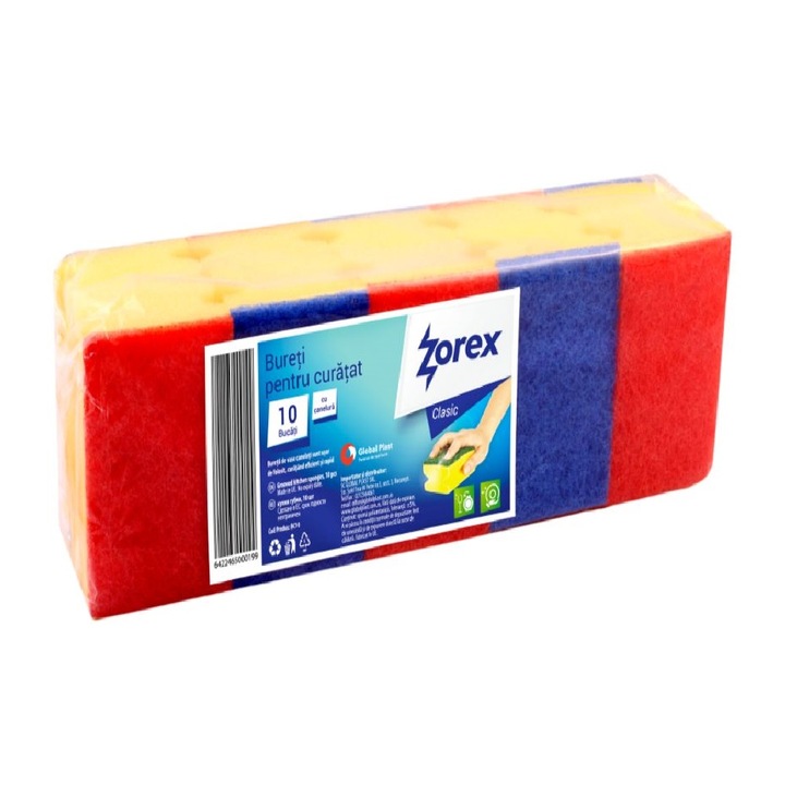 Set 10 Bureti cu Canelura Zorex Clasic, 90x65x45 mm, Spuma Poliuretanica si Fibra Abraziva, Culoare Galbena