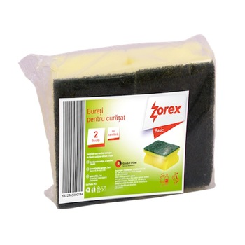 Set 2 Bureti cu Canelura Zorex Basic, 90x70x40 mm, Spuma Poliuretanica si Fibra Abraziva, Culoare Galbena, Burete pentru Vase, Curatare, Menaj Set 2 Bureti cu Canelura Zorex Basic, 90x70x40 mm, Spuma Poliuretanica si Fibra Abraziva, Culoare Galbena, Burete pentru Vase, Curatare, Menaj